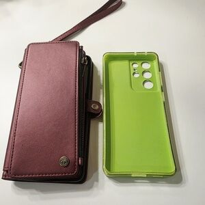 Burgundy Wallet Phone Case and Lime Green Phone Cover Bundle. Samsung S21 Ultra.